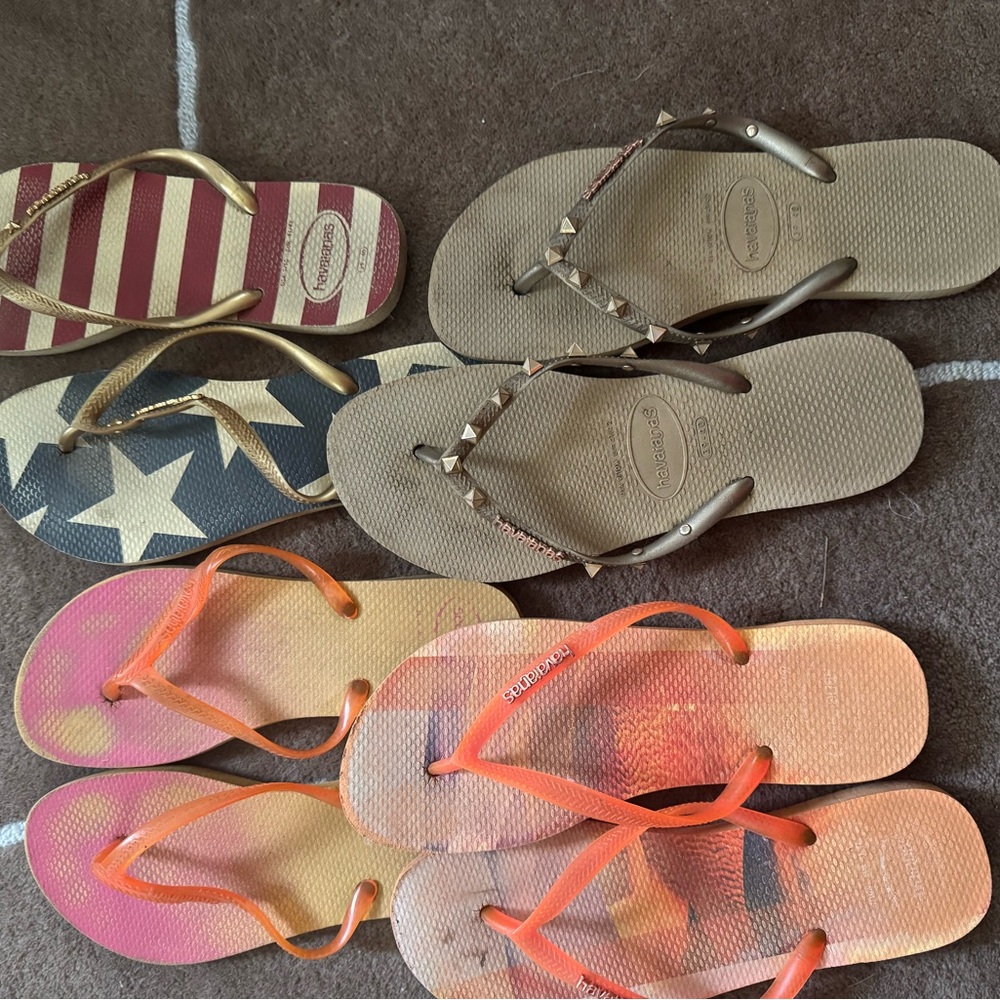 Havaianas Gold, Tan, Pink, and Orange Flip Flops